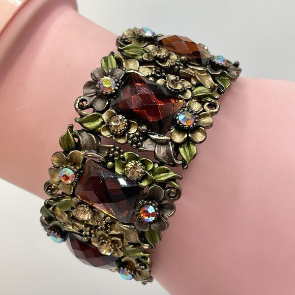 Vintage Gold Tone Metal AB Brown Acrylic Rhinestone Statement Stretch Bracelet - Picture 2 of 6